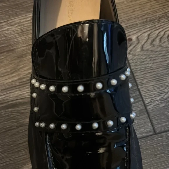 Black Patent Leather Loafers with Pearl Accents - Picture 3 of 6